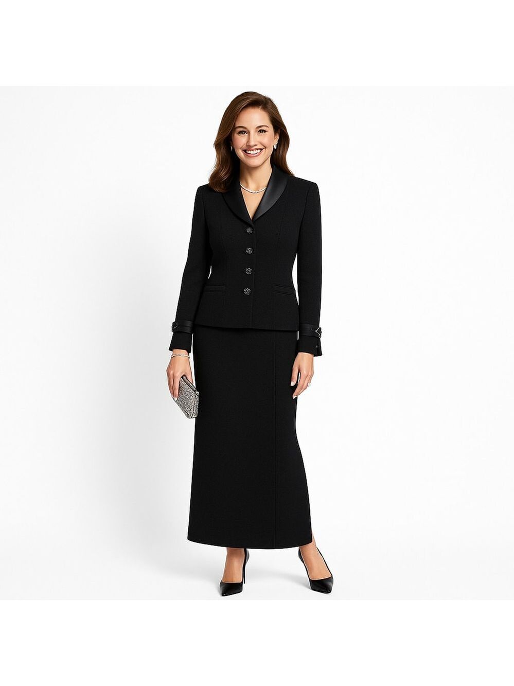 St. John Evening Skirt Suit Set Wool w/ Silk Trim Jewelled Buttons Black Size 8